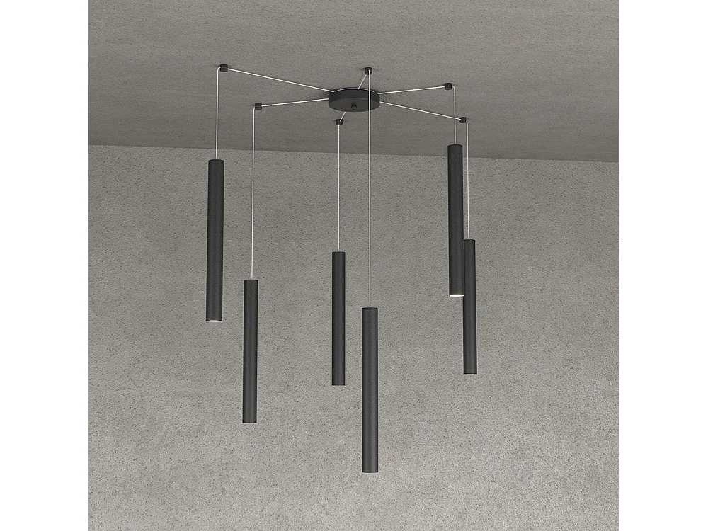Round Tube Sospensione 6 Luci Nero Cavo Cm.250 Con Base