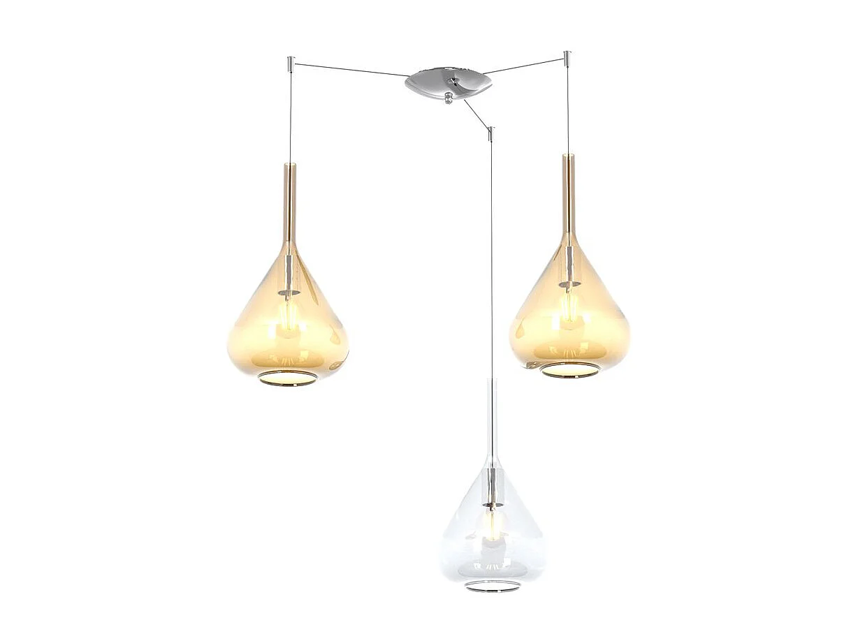 Sospensione Contemporanea Kona Metallo Cromo Vetro Trasparente Ambra 3 Luci E27