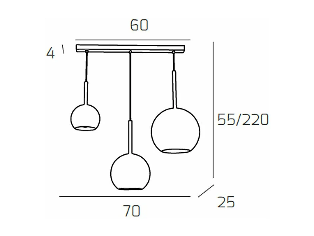 Sosp. Cromo Rettangolare 3 Luci Vetri (1 X Grande+ 1 X Medio+ 1 X Piccolo)Tutti Trasparente