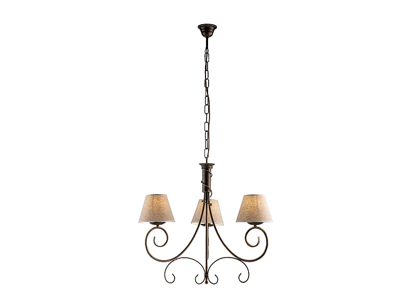 Lustre Vienna fer marron, décor or antique, abat-jour jute d.13, 3 lumières d.52 cm, idéal pour petit salon cosy