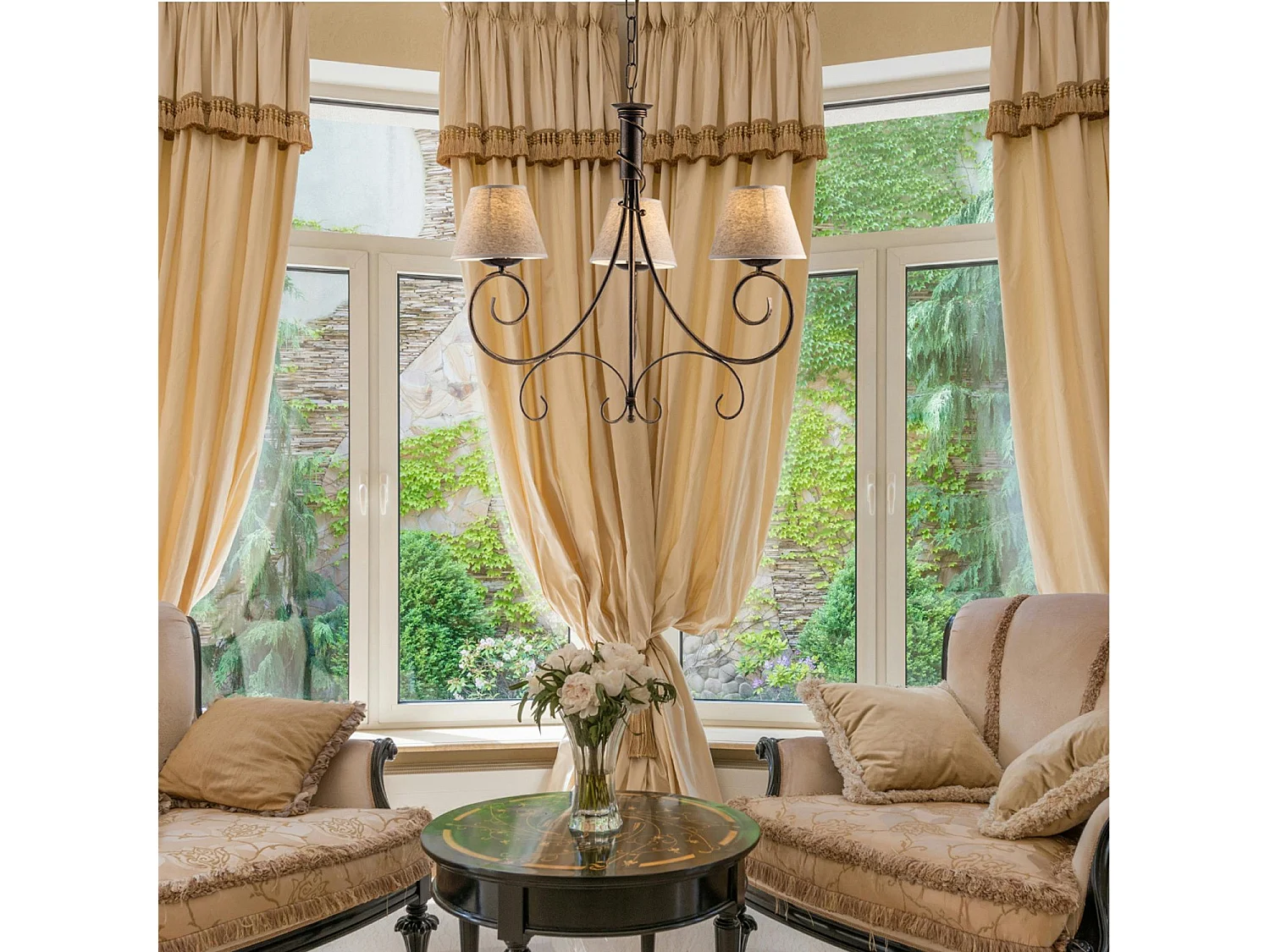 Lámpara de araña Vienesa marrón con oro antiguo y pantallas efecto yute, 3 luces Ø52 cm