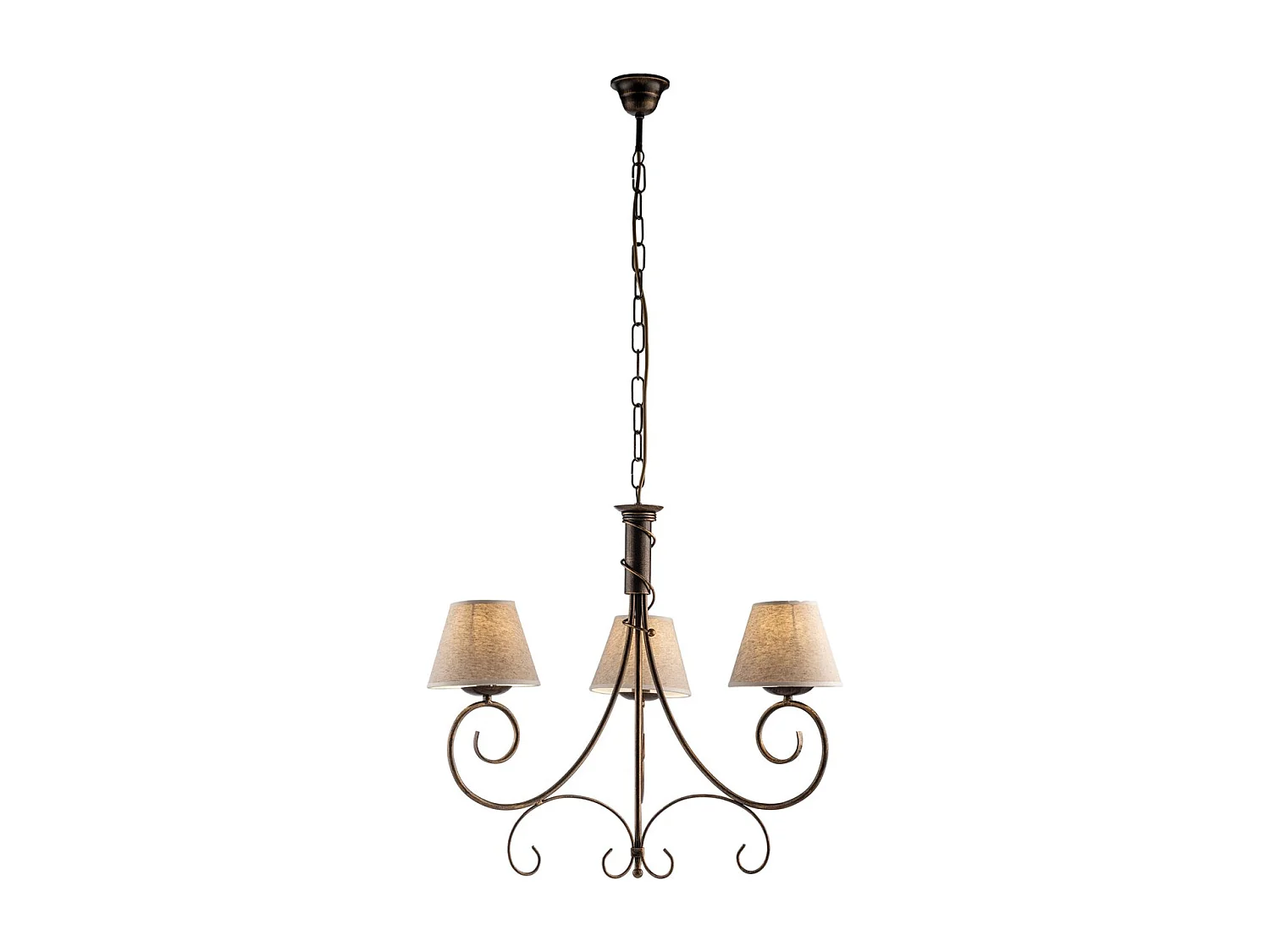 Lustre Vienna fer marron, décor or antique, abat-jour jute d.13, 3 lumières d.52 cm, idéal pour petit salon cosy