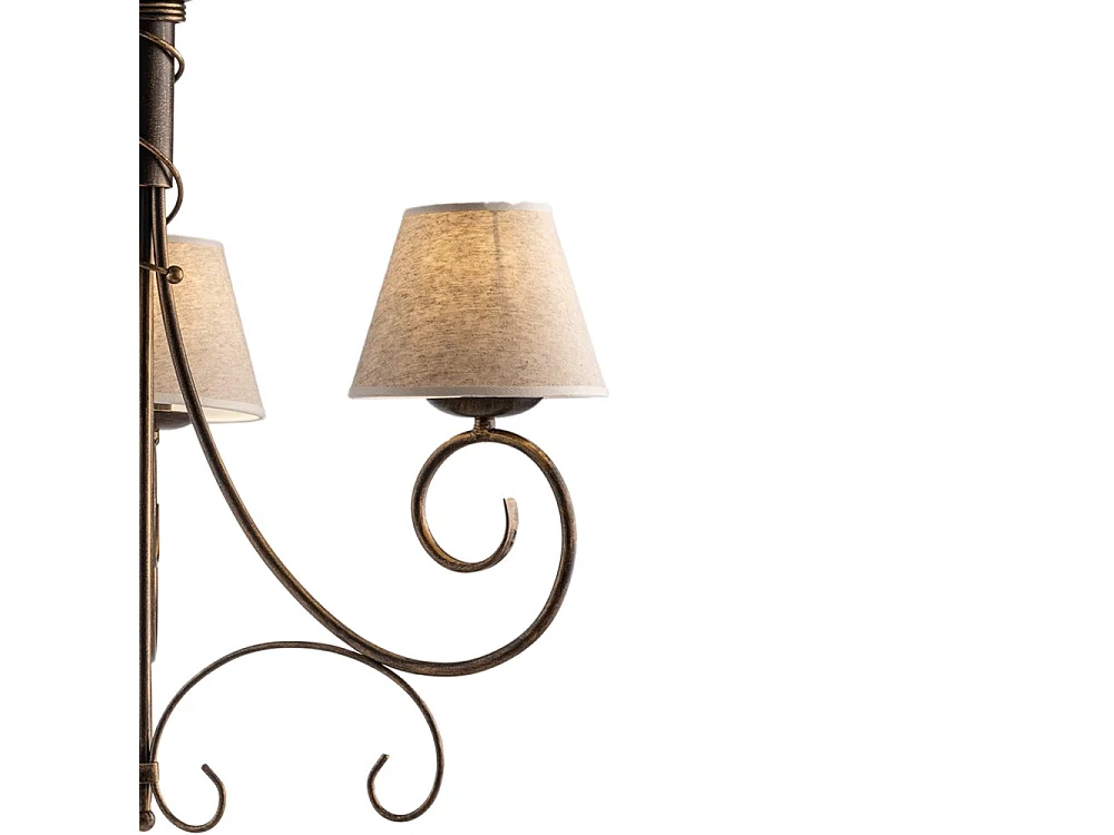 Lustre Vienna fer marron, décor or antique, abat-jour jute d.13, 3 lumières d.52 cm, idéal pour petit salon cosy