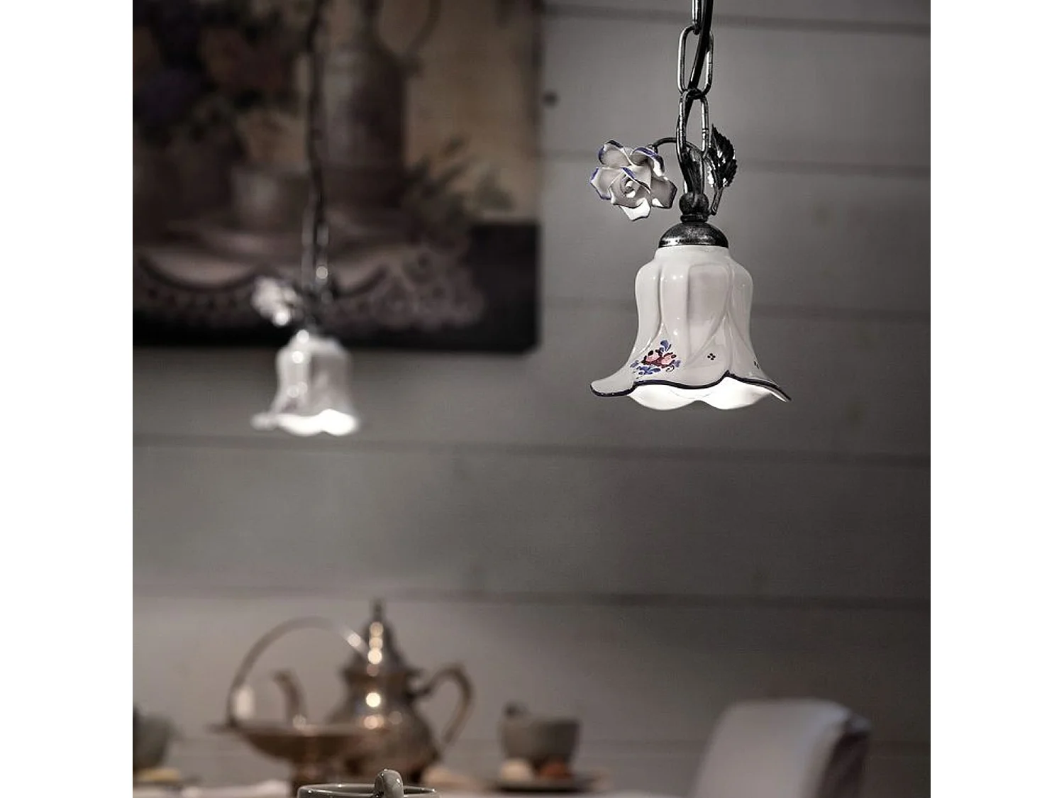 Lampadario Classico Pisa Metallo E Ceramica Nero Sfumato Argento 1 Luce E14