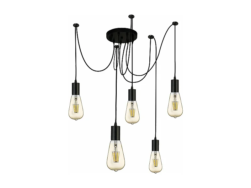 Lampadario Industrial-Nordico Squiggle Acciaio Nero 5 Luci E27