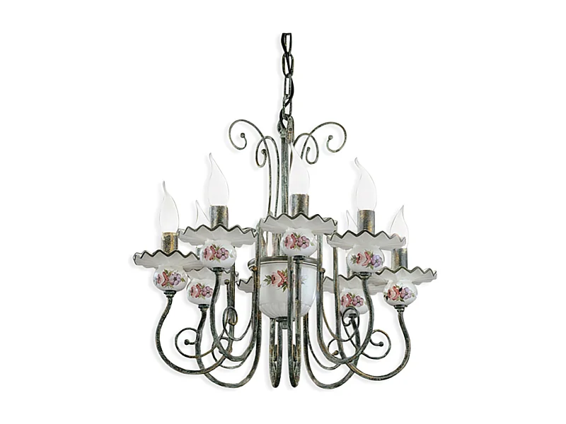 Lampadario Classico Sanremo Metallo E Ceramica Verde Sfumato Oro 8 Luci E14