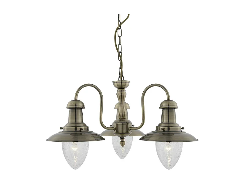 Searchlicht Fisherman - 3 leichte mehrarmige Deckenanhänger aus antikem Messing, Saatglas, E27