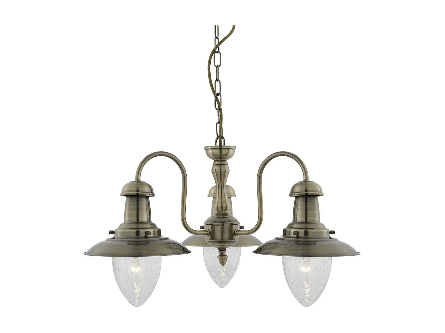 Searchlicht Fisherman - 3 leichte mehrarmige Deckenanhänger aus antikem Messing, Saatglas, E27