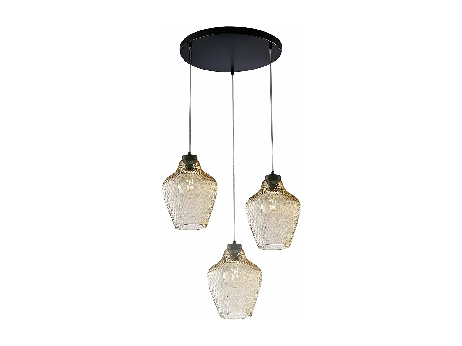Suspension Maya fer noir, câbles orientables, verre soufflé ambré à décor en relief, 3 lumières d.47 cm, look chaleureux