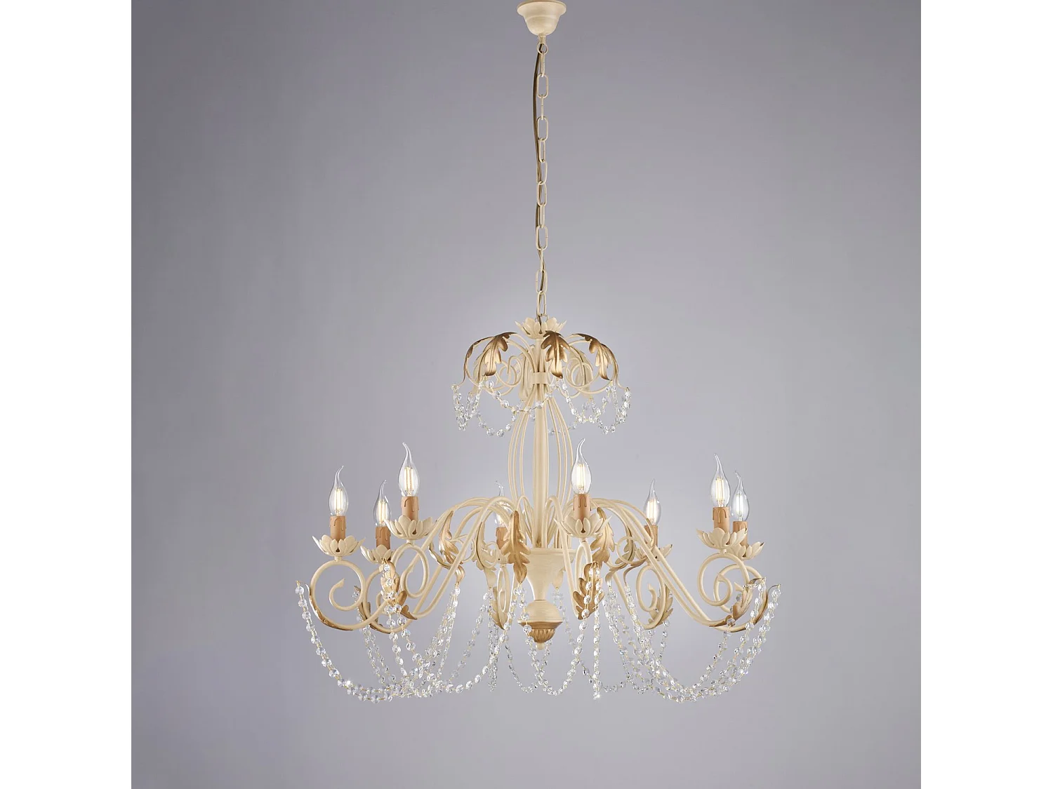 Damasco - Lustre em ferro lacado marfim com decoração. efeito decapado e acabamento em ouro antigo com strass cristal 8 luzes 130 - Ø90