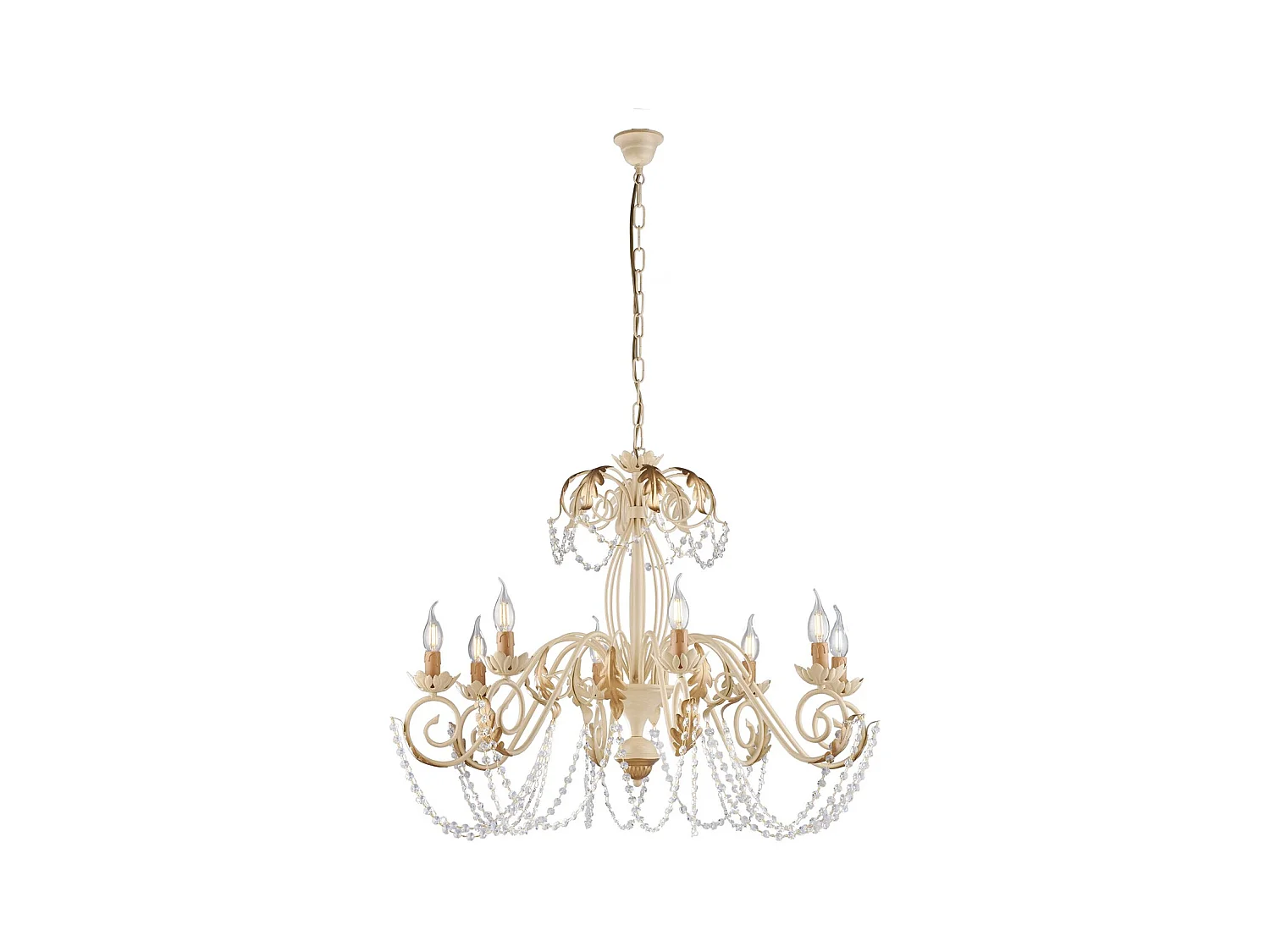Lustre Damasco fer ivoire, strass cristal, déco or antique effet décapé, 8 lumières d.90 cm style classique chic