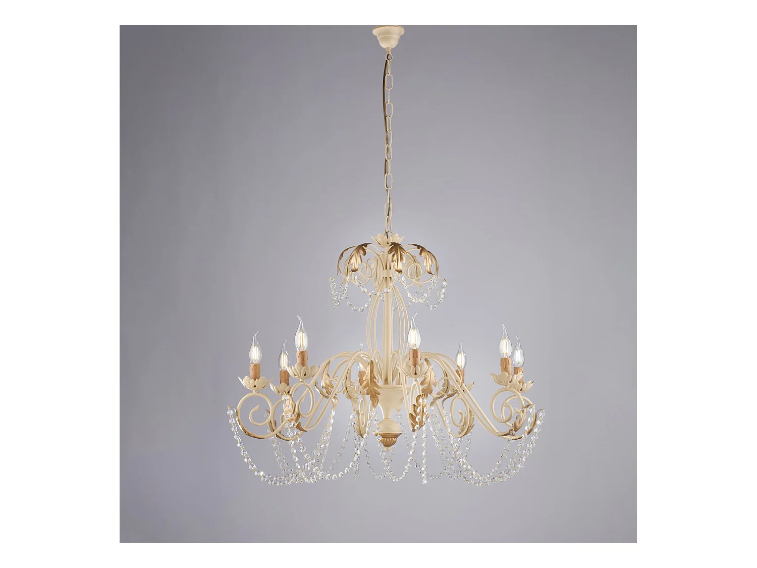 Lustre Damasco fer ivoire, strass cristal, déco or antique effet décapé, 8 lumières d.90 cm style classique chic