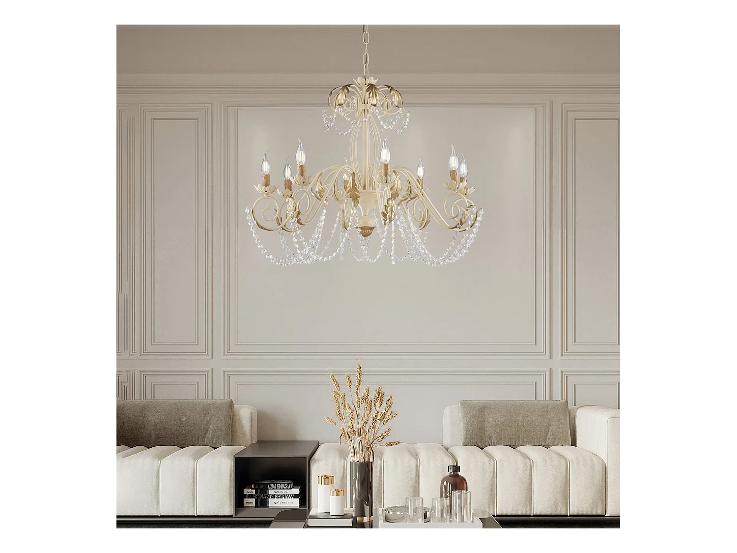 Lustre Damasco fer ivoire, strass cristal, déco or antique effet décapé, 8 lumières d.90 cm style classique chic