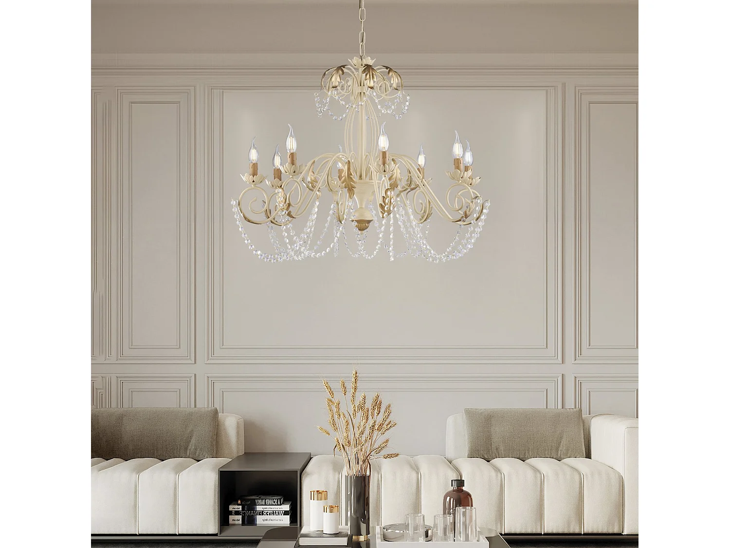 Lustre Damasco fer ivoire, strass cristal, déco or antique effet décapé, 8 lumières d.90 cm style classique chic