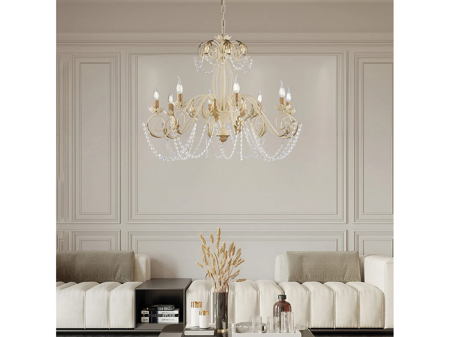 Lustre Damasco fer ivoire, strass cristal, déco or antique effet décapé, 8 lumières d.90 cm style classique chic