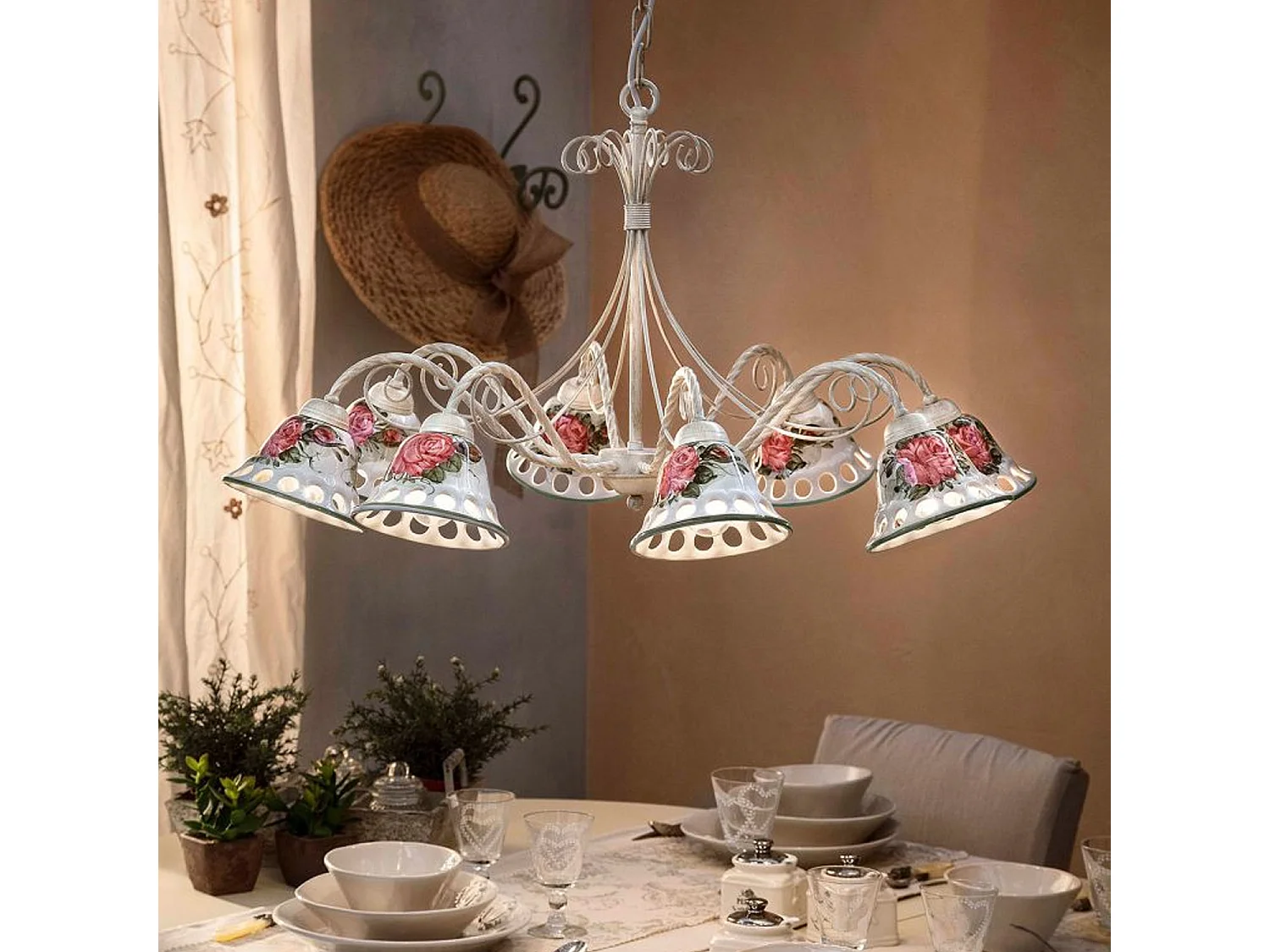 Lampadario Classico Napoli Metallo E Ceramica Bianco Sfumato Oro 8 Luce E14