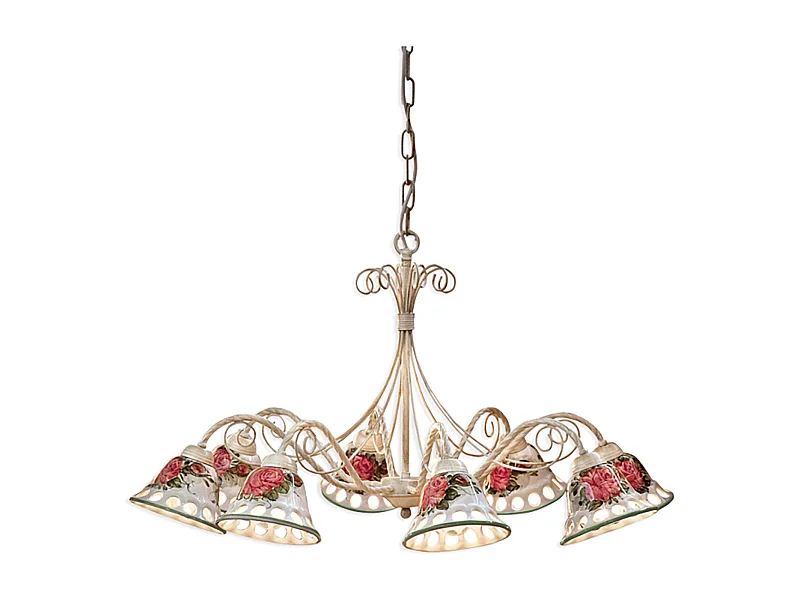 Lampadario Classico Napoli Metallo E Ceramica Bianco Sfumato Oro 8 Luce E14