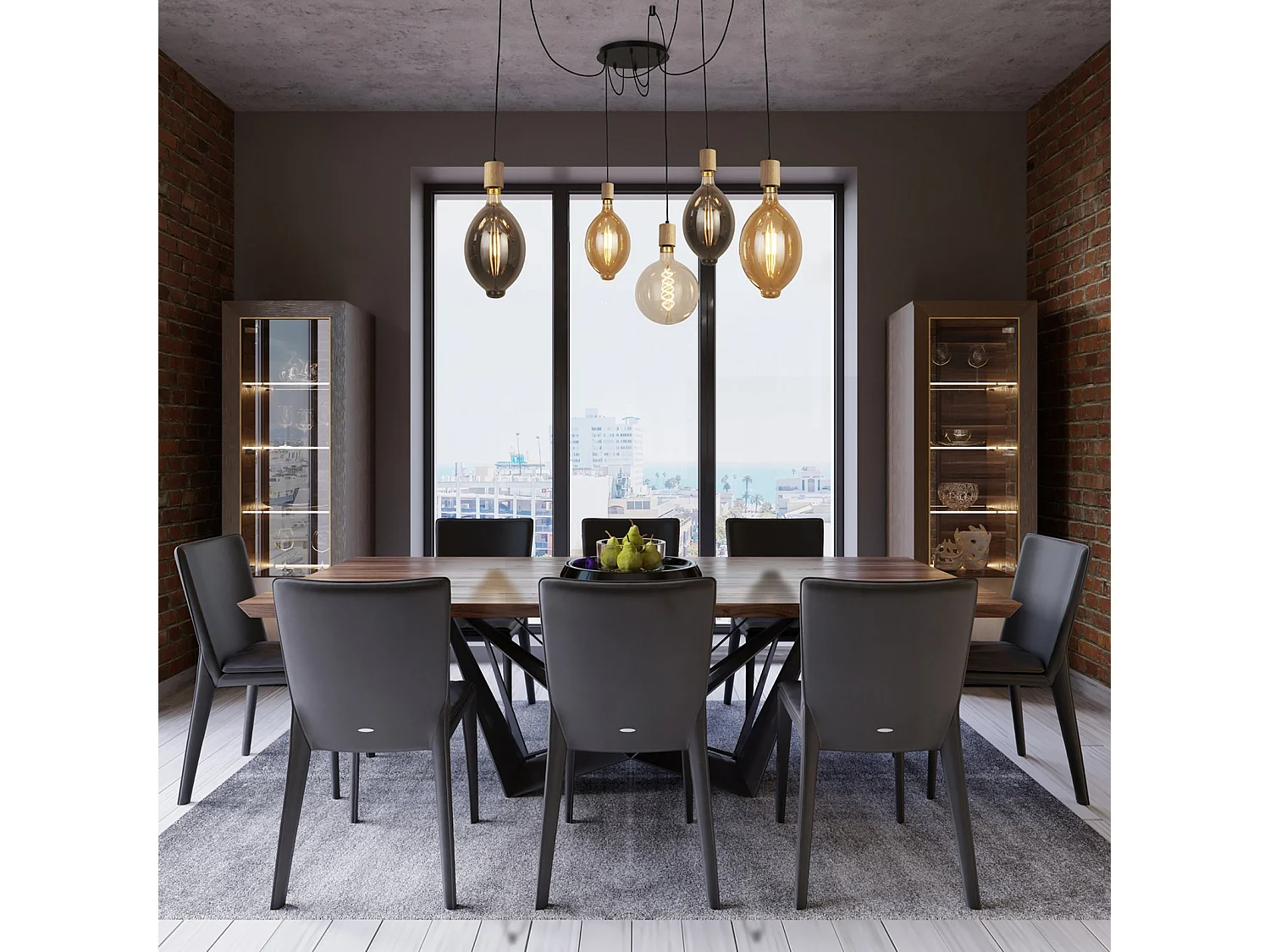 Lampadario Industrial-Nordico Spinoso Acciaio Nero Marrone 5 Luci E27