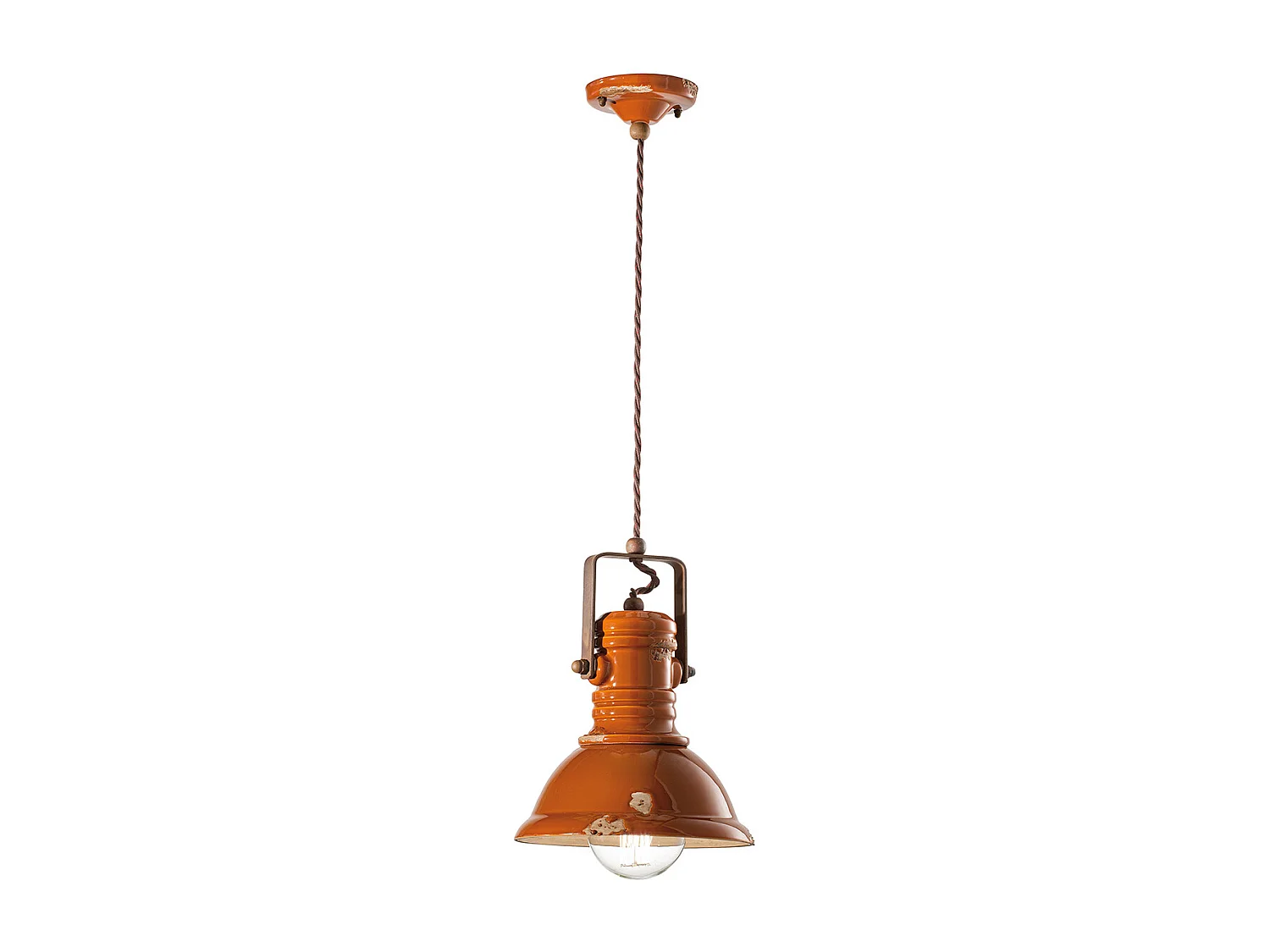 Lampadario Industrial Ferro E Ceramica Vintage Arancio 1 Luce E27 23Cm