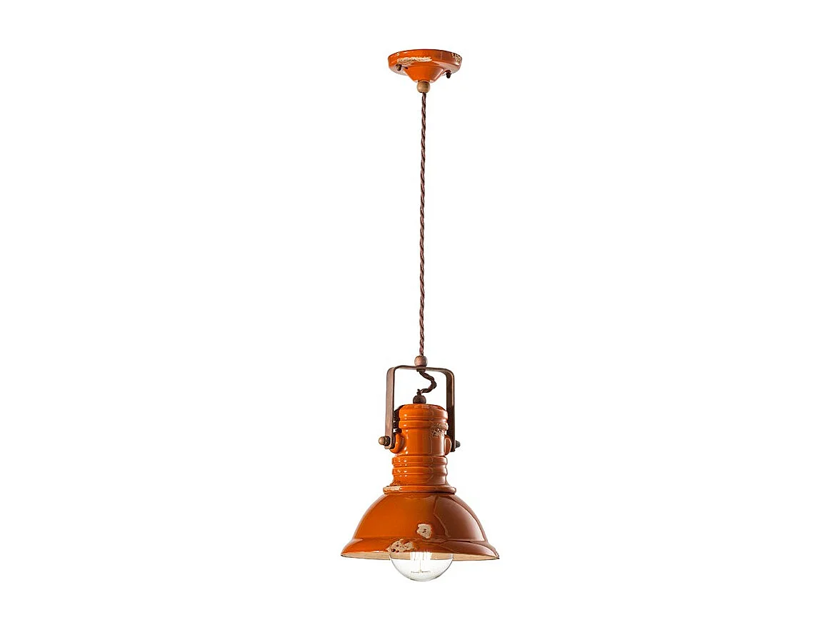 Lampadario Industrial Ferro E Ceramica Vintage Arancio 1 Luce E27 23Cm
