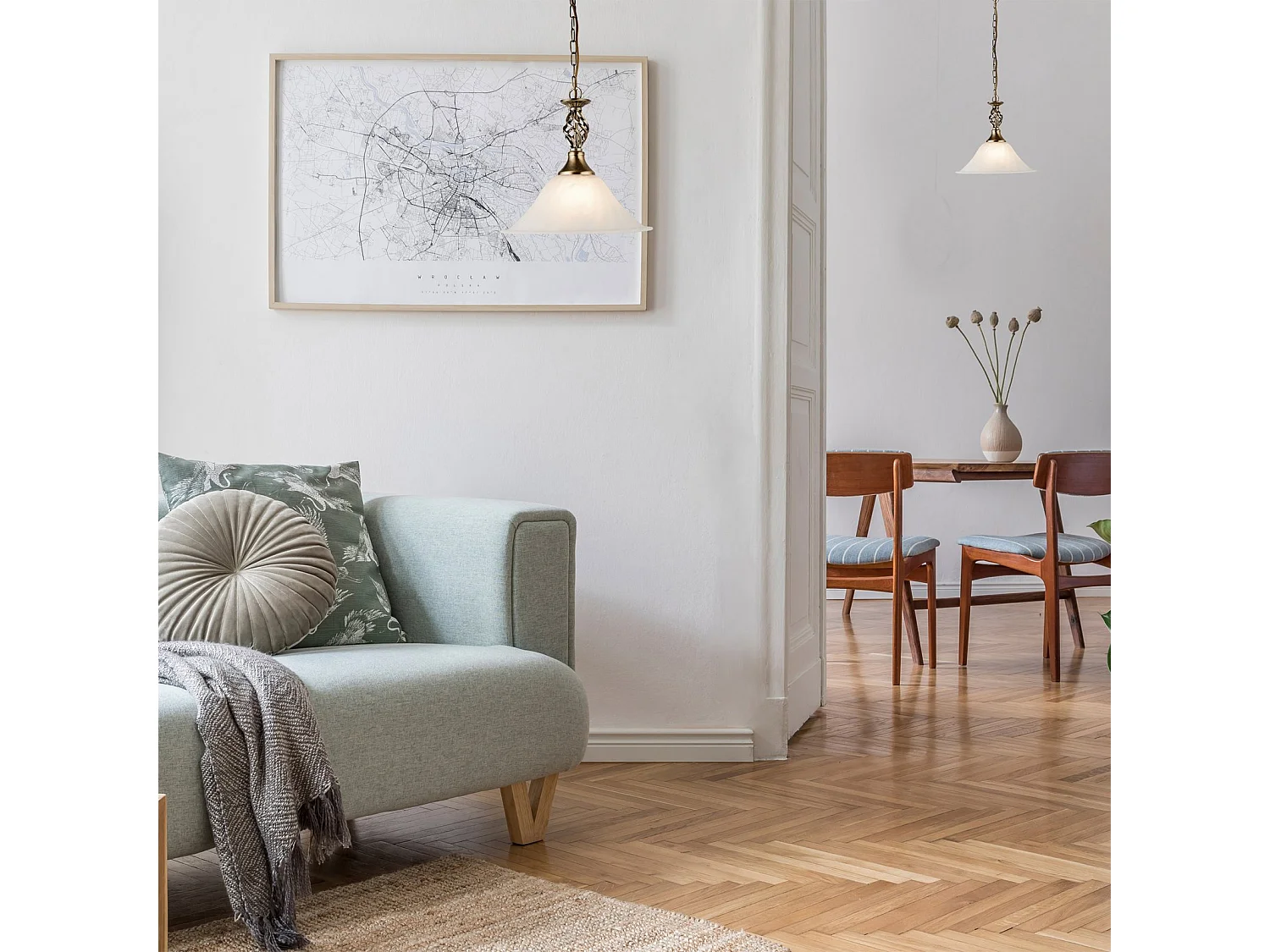 Searchlicht Cameroon - 1 licht Dome Deckenanhänger Antik Messing, Marmorglas, E27