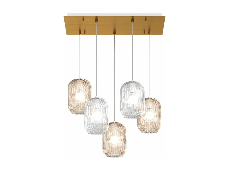 Sospensione Ottone Sat. 5 Luci Rettangolare Vetri 2X Tr + 3X Am