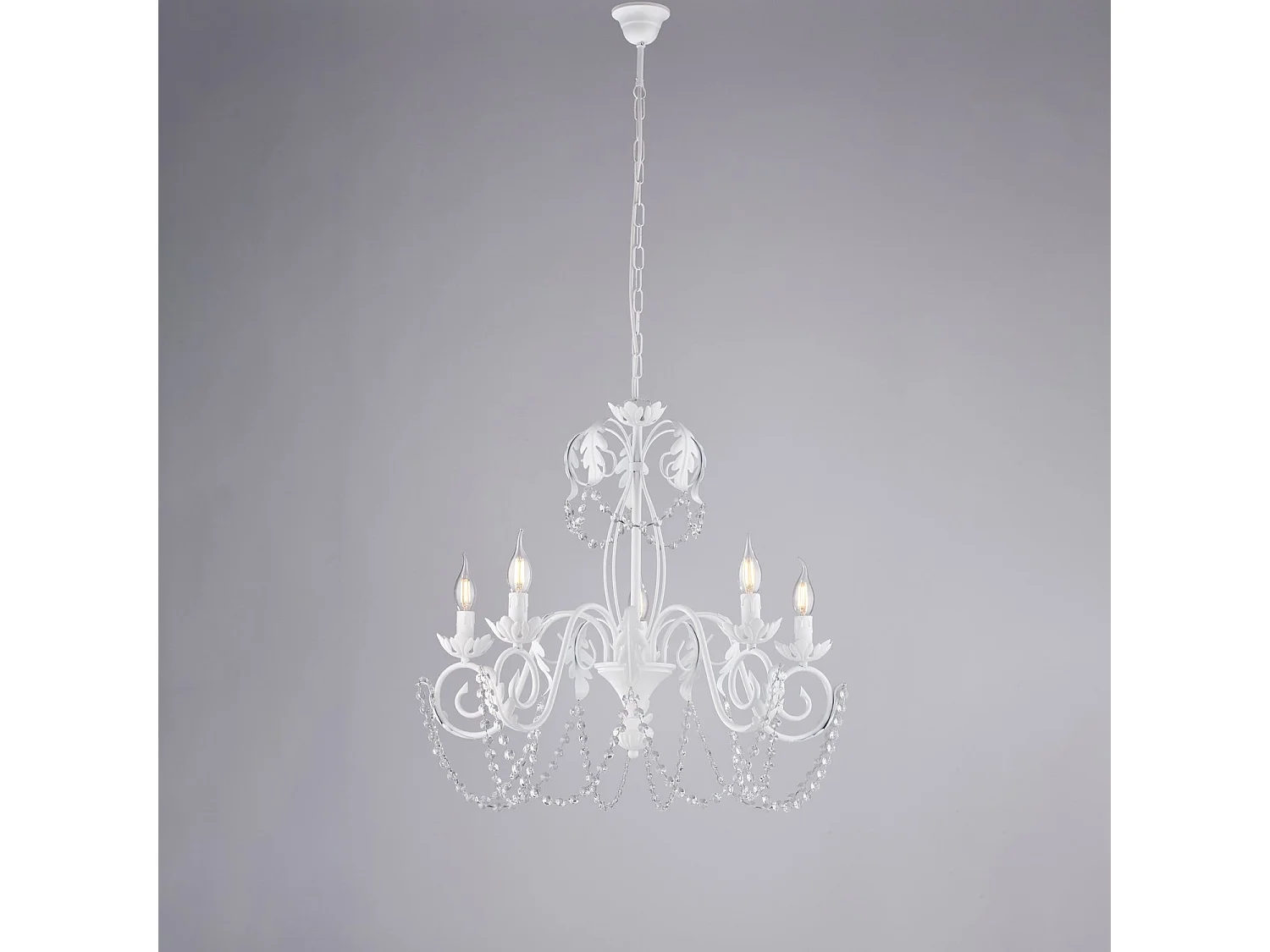 Damasco - Kronleuchter aus weiß lackiertem Eisen mit Shabby-Chic-Effekt-Dekoration und Kristall-Strasssteinen, 5 Lichter, 125 - Ø63 - BL77-5-BCO