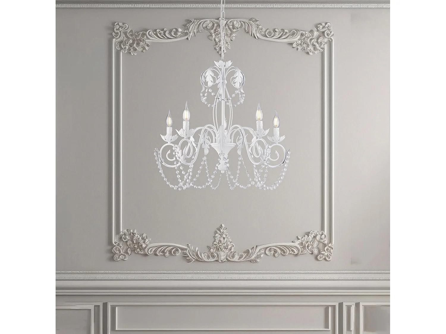 Damasco - Kronleuchter aus weiß lackiertem Eisen mit Shabby-Chic-Effekt-Dekoration und Kristall-Strasssteinen, 5 Lichter, 125 - Ø63 - BL77-5-BCO