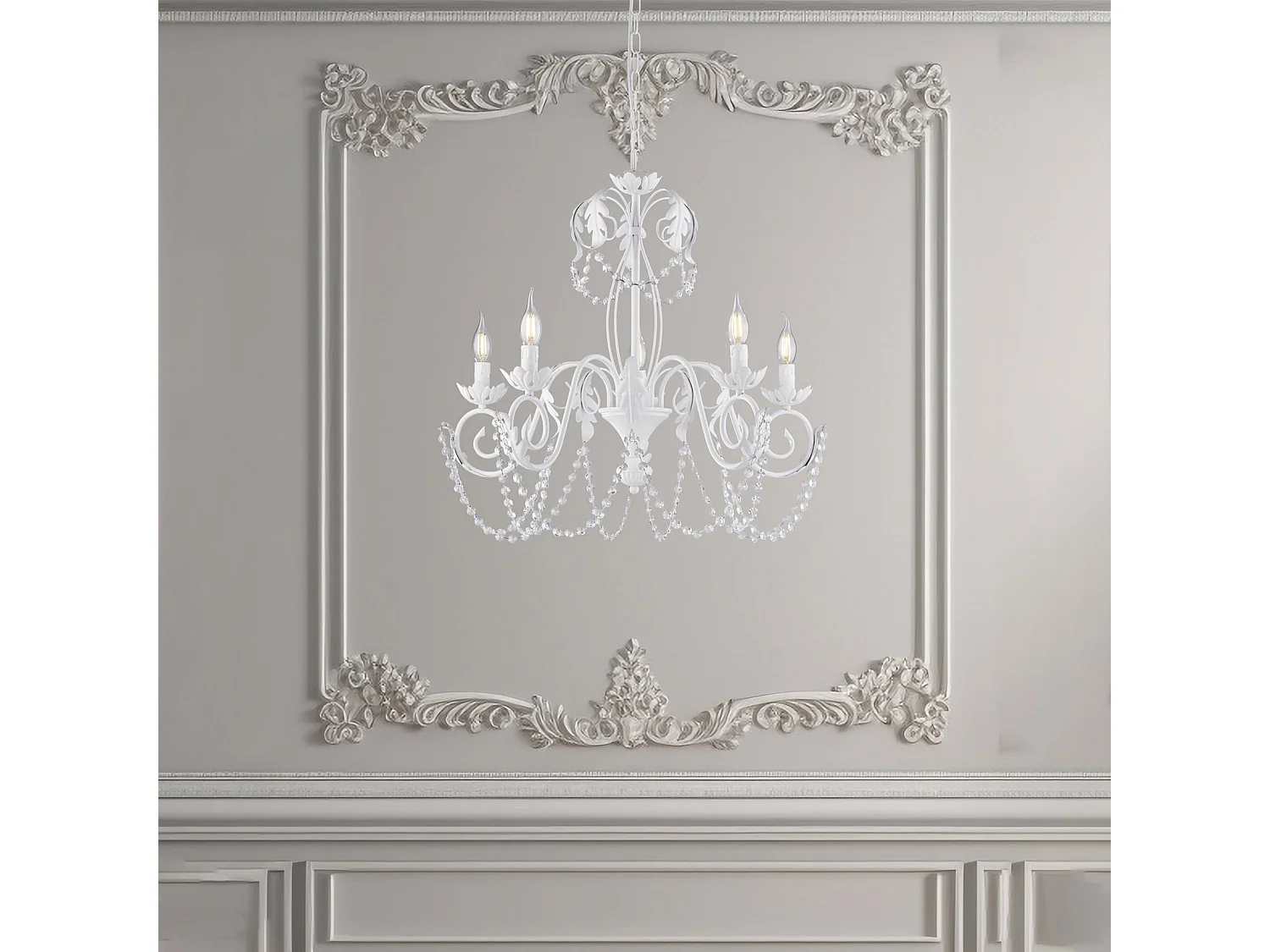 Damasco - Kronleuchter aus weiß lackiertem Eisen mit Shabby-Chic-Effekt-Dekoration und Kristall-Strasssteinen, 5 Lichter, 125 - Ø63 - BL77-5-BCO