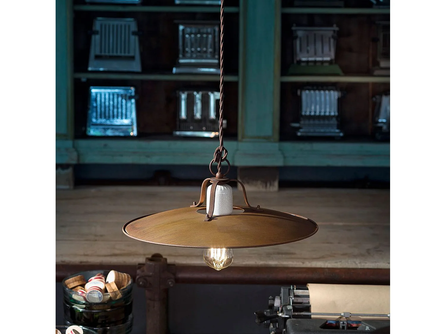 Lampadario Vintage Grunge Ferro E Ceramica Craquele' 1 Luce E27 40Cm