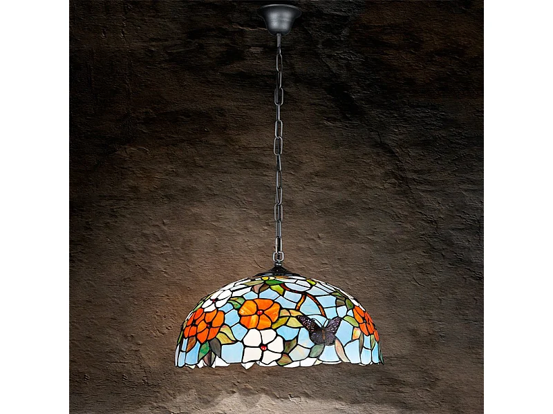 Sospensione Tiffany Vetro Multicolor Con Catena D.50 Cm