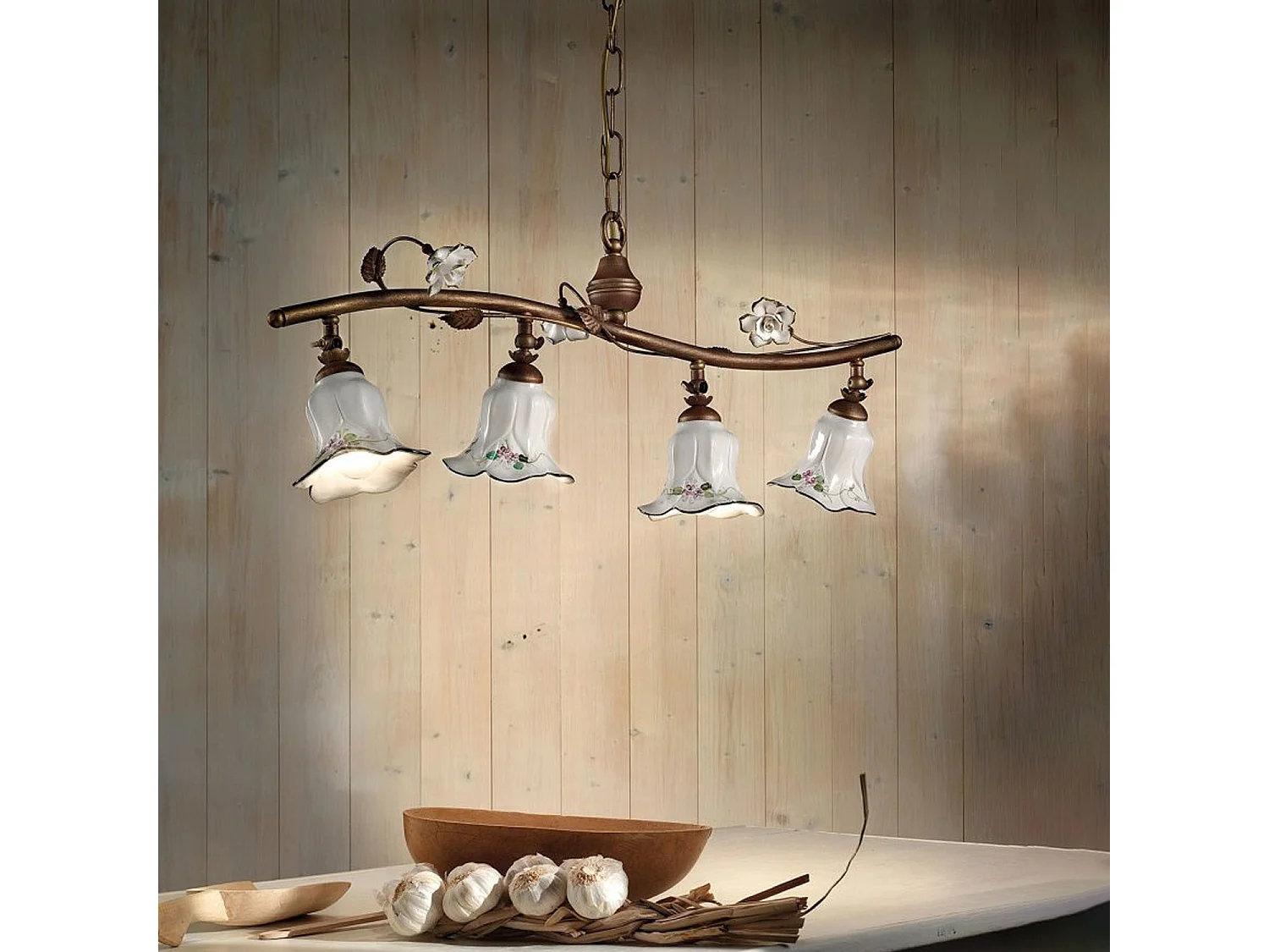 Lampadario Classico Pisa Metallo E Ceramica Ruggine Sfumato Oro 4 Luci E14