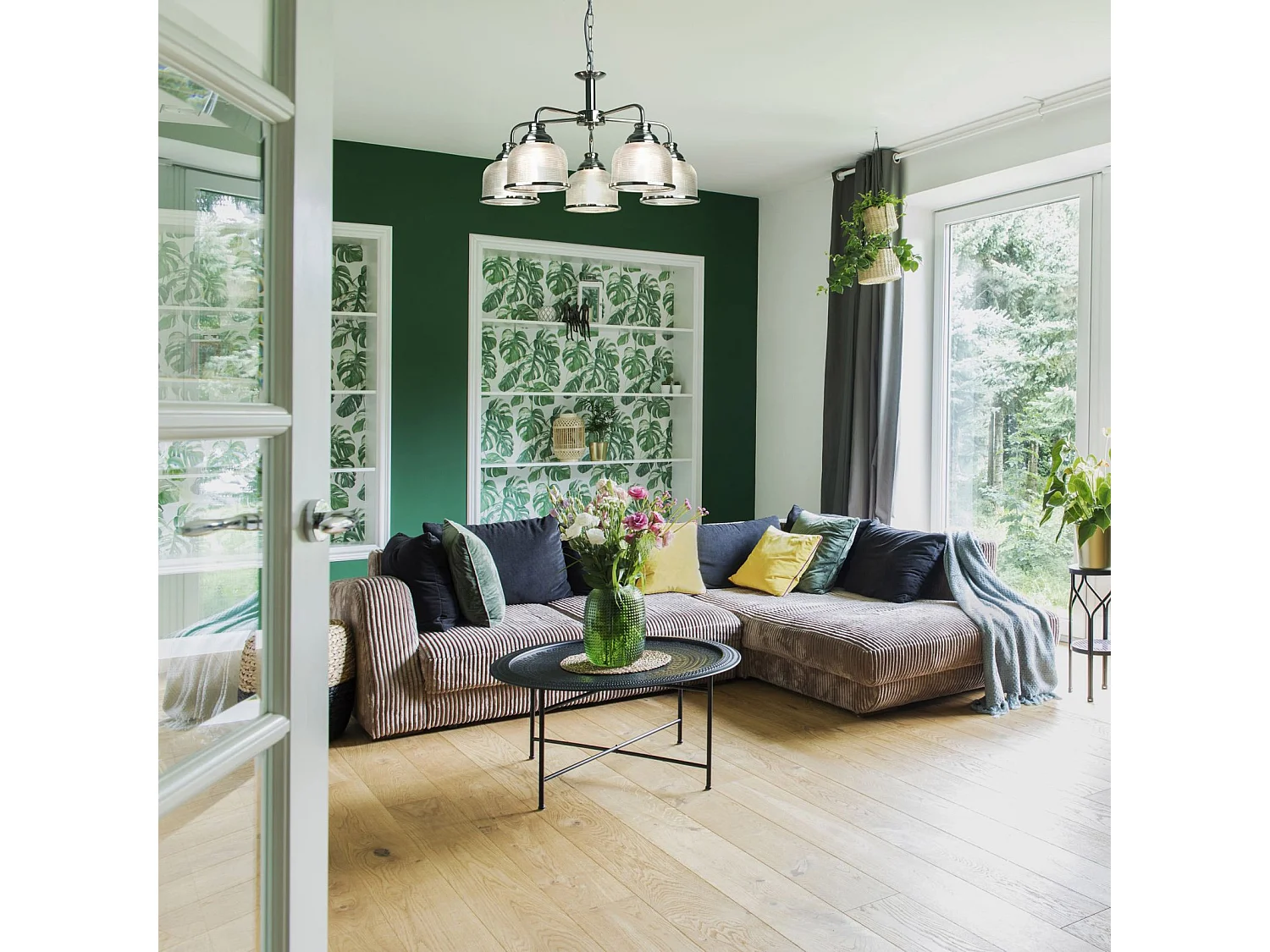 Searchlight Bistro 5 Ljus Multi Arm Takhnge Silver, Vit, E27