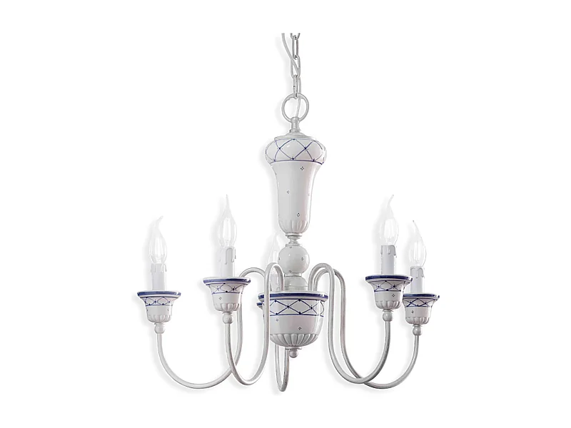 Lampadario Classico Sanremo Metallo E Ceramica Bianco Filo Blu 5 Luci E14