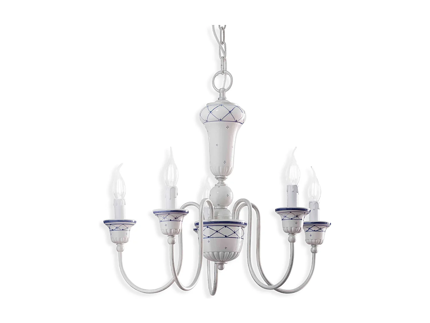 Lampadario Classico Sanremo Metallo E Ceramica Bianco Filo Blu 5 Luci E14