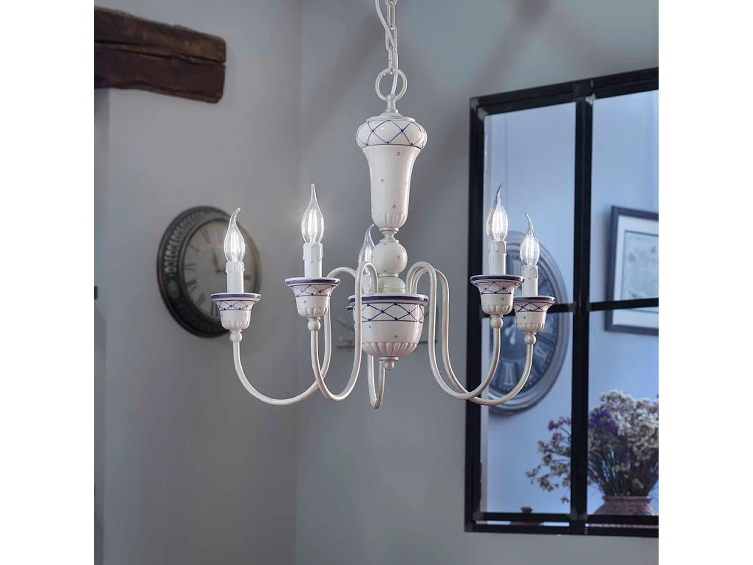 Lampadario Classico Sanremo Metallo E Ceramica Bianco Filo Blu 5 Luci E14