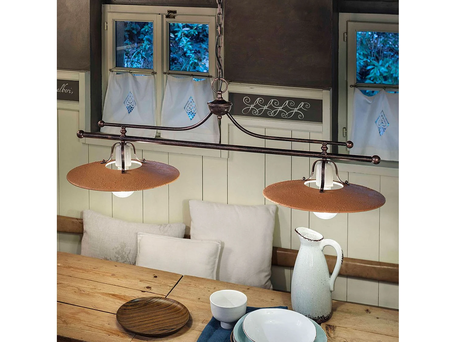 Lampadario Classico Bologna Metallo E Ceramica Nero Sfumato Rame 2 Luci E27