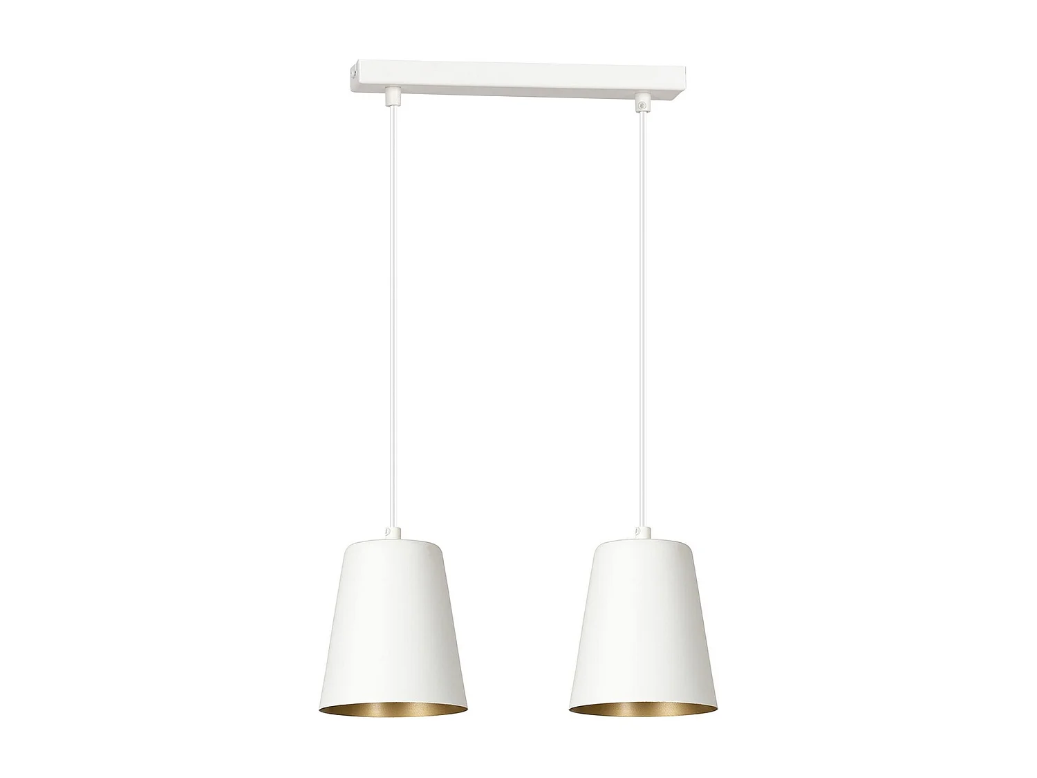 Lampadario 2 Luci Milargo In Acciaio Bianco Con Paralumi A Cono In Bianco E Oro