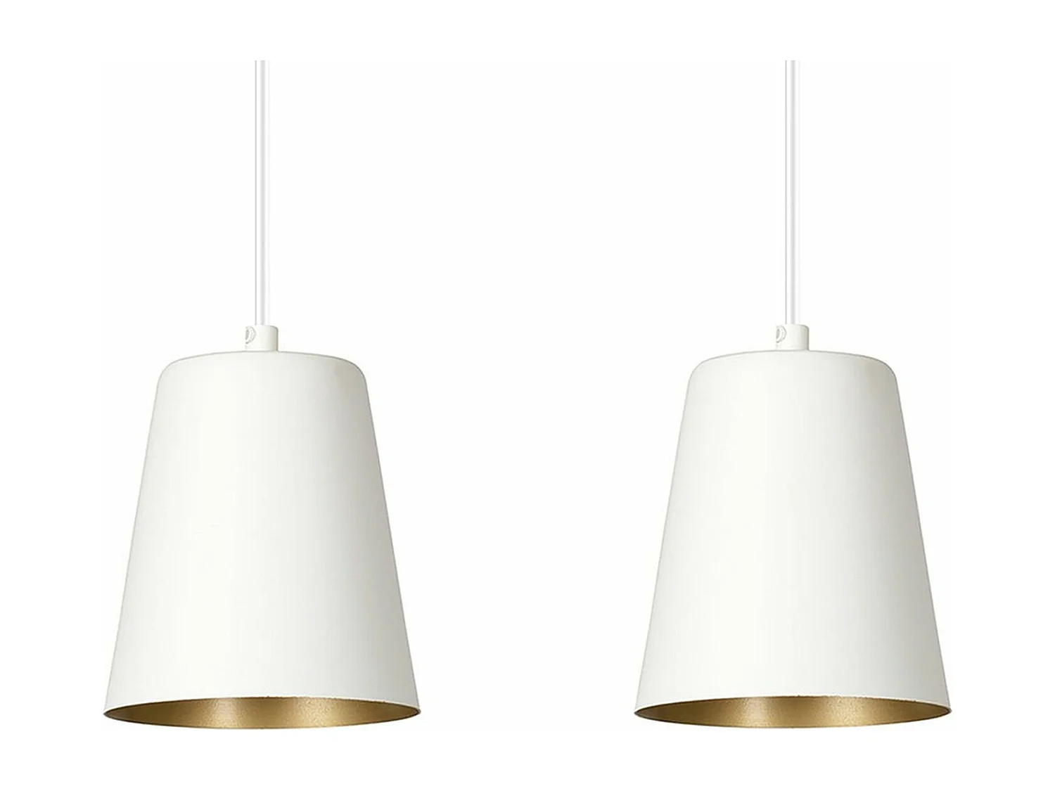 Lampadario 2 Luci Milargo In Acciaio Bianco Con Paralumi A Cono In Bianco E Oro