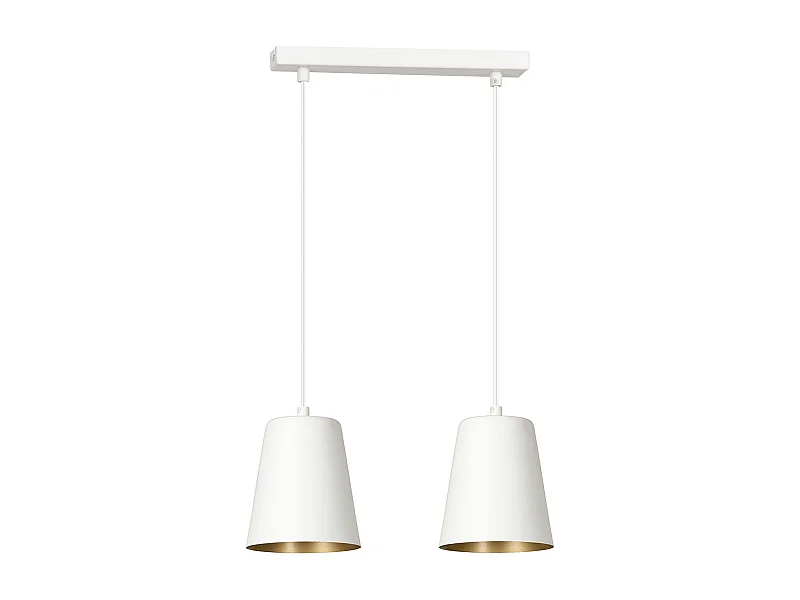 Lampadario 2 Luci Milargo In Acciaio Bianco Con Paralumi A Cono In Bianco E Oro