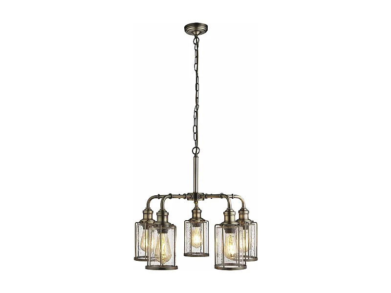 Lampadario Contemporaneo Tubi Acciaio Ottone Vetro Trasparente 5 Luci E27