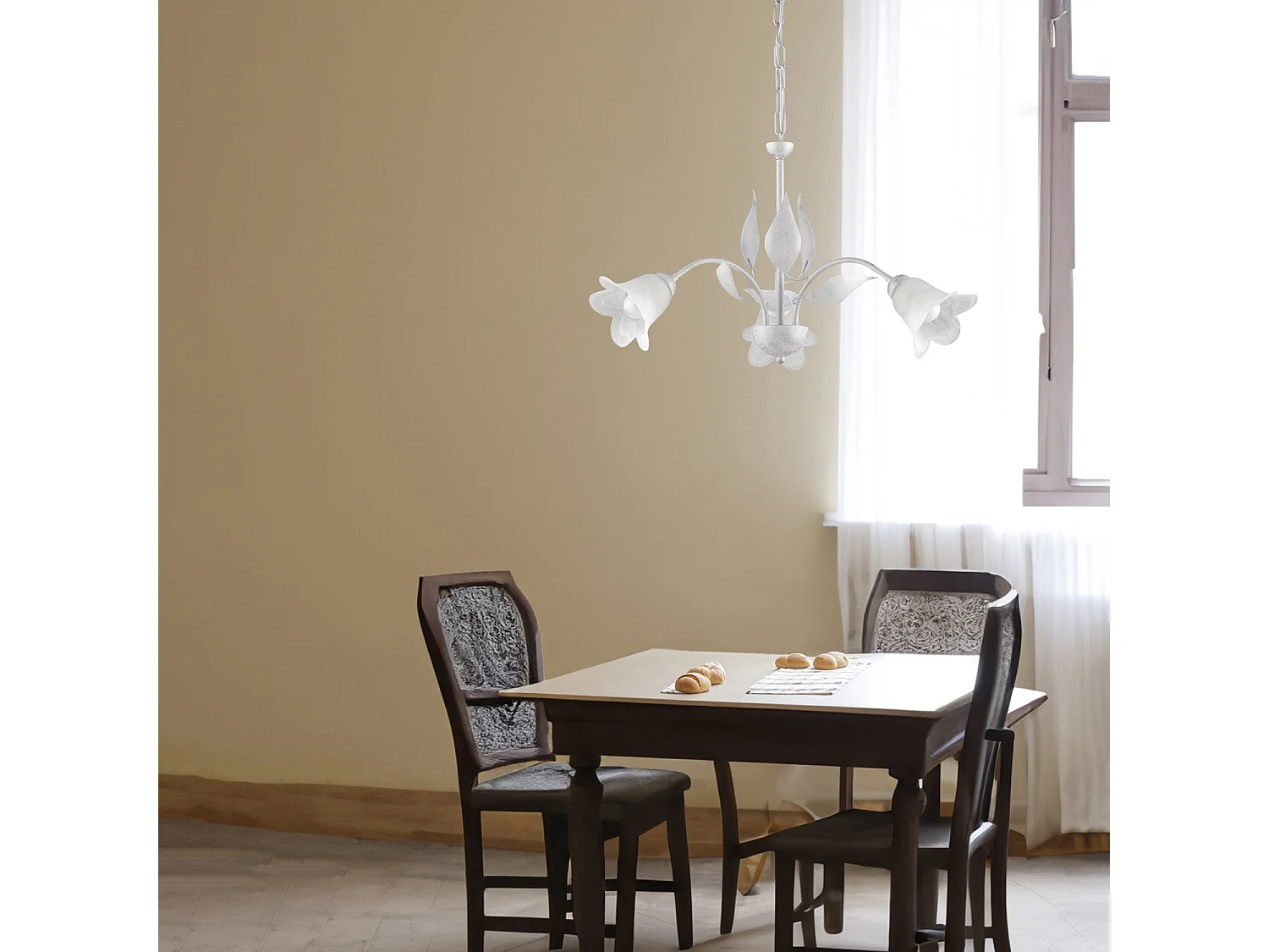 Olga - Lustre em ferro lacado branco com decoração. Difusores em vidro alabastro branco e prata antigo 3 luzes 103 - Ø60 - BL155-3-BA