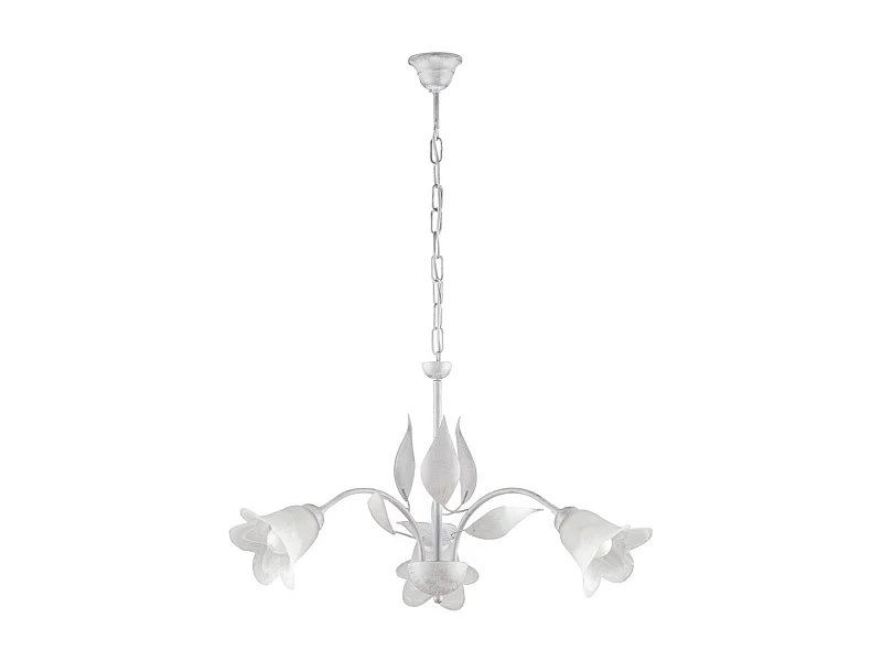 Olga Lustre en fer laqué blanc décor argent antique et diffuseurs en verre d'albâtre blanc 3 lumières 103 d.60 BL155-3-BA