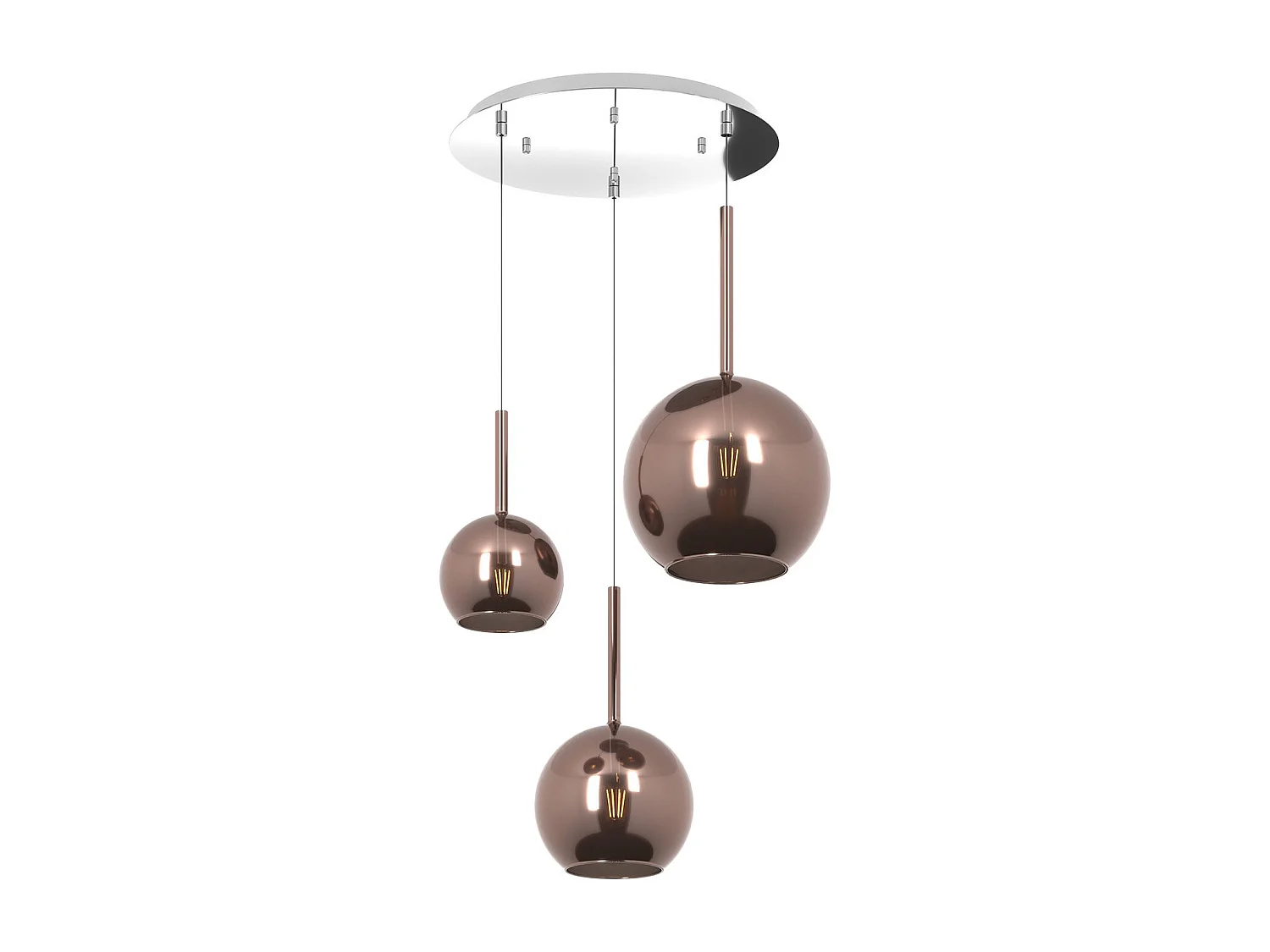 Sosp. Cromo Tonda 3 Luci Vetri (1 Grande+1 Medio+1 Piccolo) Tutti Rame