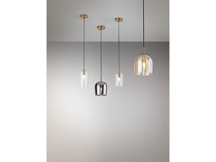 Hanglamp van 11 cm helder glas, geborsteld goudkleurig frame, E14 fitting, zwarte stoffen kabel voor moderne interieurs - Perenz