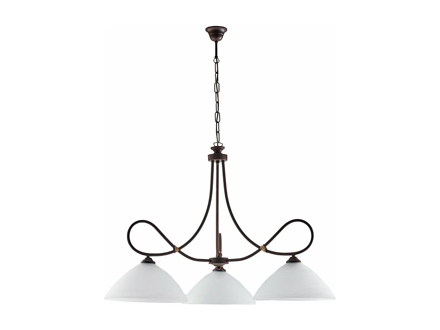 Lustre Dallas noir, effet rouille et or antique, verre albâtre d.13, 3 lumières ambiance loft ou rétro