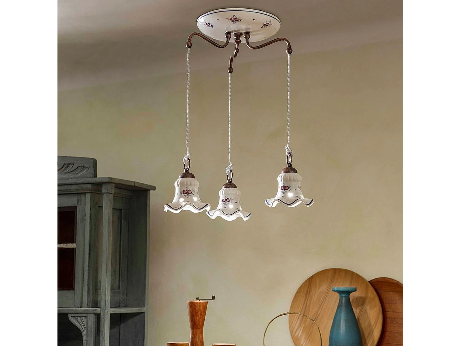 Lampadario Tondo Classico Chieti Metallo E Ceramica Nero Sfumato Rame 3 Luci E14