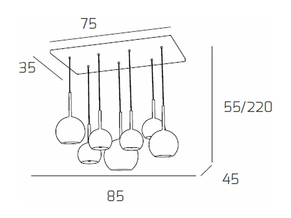 Sosp. Cromo Rettangolare 7 Luci Vetri (1 Grande+2 Medio +4 Piccolo) Tutti Oro