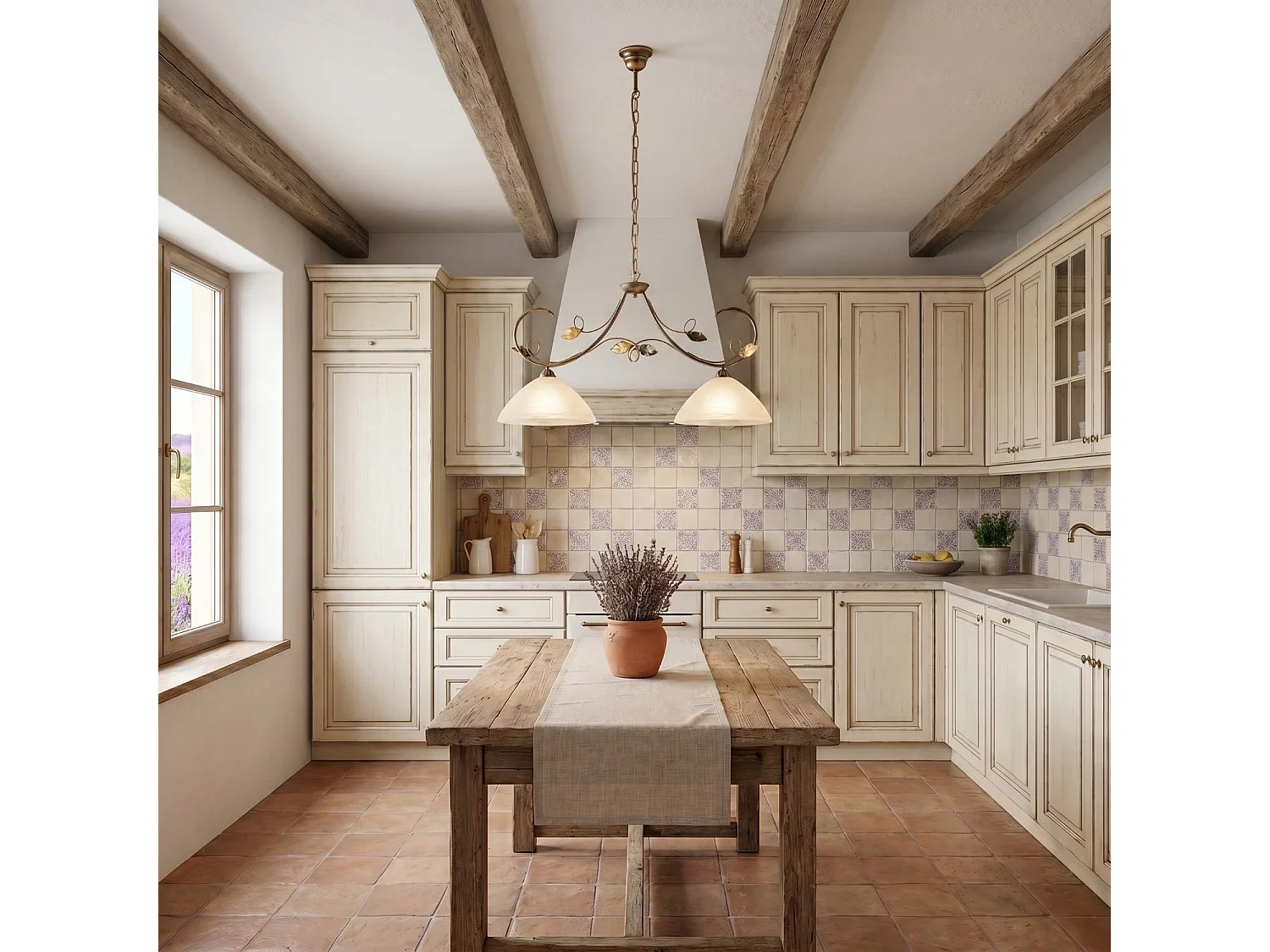 Lampadario Rustico Magnolia 2 Luci Marrone e Bianco LuceArt Classic