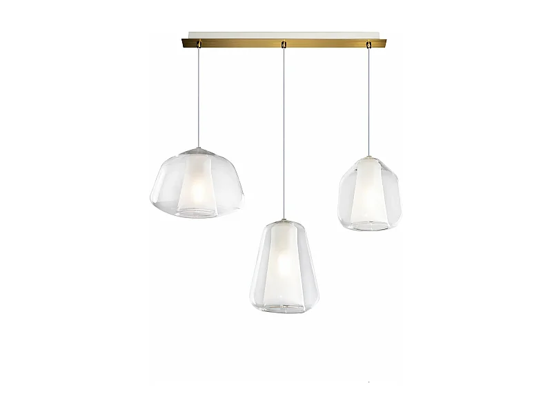Sospensione Contemp. Rett. Double Skin Metallo Ottone Vetro Mix Trasp. 3 Luci